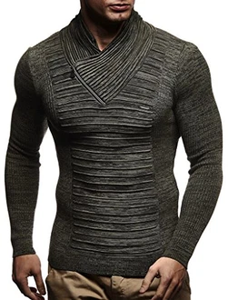 Leif Nelson Herren Strick-Pullover Schalkragen Slim Fit LN1535 schwarz/khaki (LN1535) Leif Nelson Herren Strick-Pullover Schalkragen Slim Fit LN1535 schwarz/khaki (LN1535)