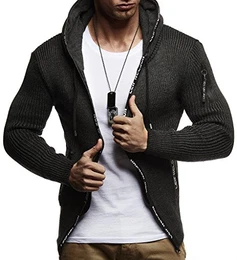 Herren Strick-Jacke mit Kapuze Slim Fit Grobstrick Moderner schwarzer Herren Hoodie-Sweatjacke-Winterjacke Langarm Grobstrick LN5455 Anthrazit-Schwarz Medium