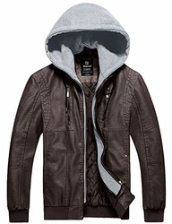 Wantdo Herren PU-Lederjacke mit Abnehmbarer Kapuze Retro Motorrad Windbreaker Medium Dunkelbraun