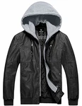 Wantdo Herren PU-Lederjacke mit Abnehmbarer Kapuze Retro Motorrad Windbreaker Schwarz