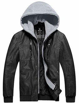 Wantdo Herren PU-Lederjacke mit Abnehmbarer Kapuze Retro Motorrad Windbreaker Schwarz