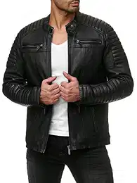 Herren Jacke Übergangsjacke Biker Lederjacke Echtleder mit gesteppten Bereichen Schwarz S