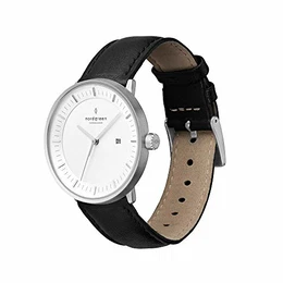 Nordgreen Philosopher skandinavische Herrenuhr in Silber mit weißem Ziffernblatt und austauschbarem 40mm Leder Armband Schwarz 10016