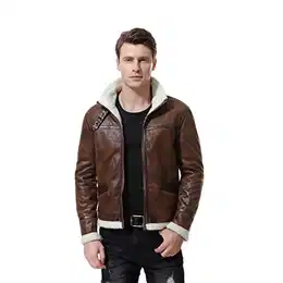 Herren Lederjacke mit Fell Kunstlederjacke mit Pelzkragen Biker Jacke für Winter Braun XXL