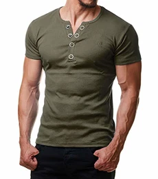 Young & Rich Herren T-Shirt Rundhals Knopfleiste Body Fit Schwarz Weiß Rot YR 1872, Größe:M, Farbe:Grün