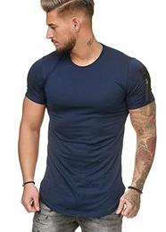 Oversize Herren Vintage T-Shirt Basic Shirt Round Neck Zipper Navy M