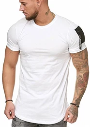 Oversize Herren Vintage T-Shirt Basic Shirt Round Neck Zipper Weiß S
