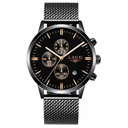 Herrenuhr Sport Wasserdicht Analoger Quarz Fashion Schwarz Edelstahl Armband 9834