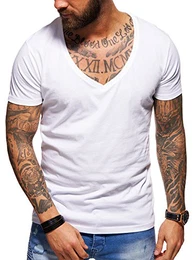 . Herren Kurzarm Basic T-Shirt Deep V-Neck 20-0005 Weiß M