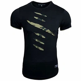 Herren T-Shirt Rundhals Risse Zerrissen Camo Camouflage RN-15152, Größe:S, Farbe:Schwarz