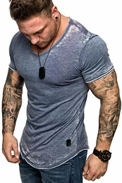 Oversize Herren Vintage Verwaschen T-Shirt V-Neck Basic V-Ausschnitt Shirt 6083 Blau S