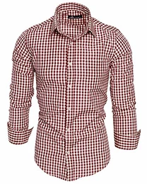 Herren Kariertes Slim-Fit Trachtenhemd Bügelleicht Oktoberfest Karo Hemd 5006 Bordeaux M