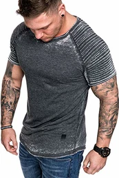 Oversize Herren Vintage Verwaschen Biker-Style T-Shirt Crew Neck Rundhals Basic Shirt 6087 Schwarz M