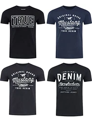 MUSTANG Herren T-Shirt 4er Pack Frontprint O-Neck Rundhalsausschnitt Kurzarm Regular Tee Shirt (P10) Schwarz/Weiß/Grau/Blau/Grün