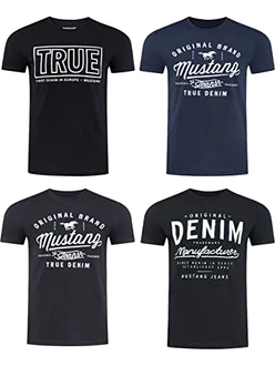 MUSTANG Herren T-Shirt 4er Pack Frontprint O-Neck Rundhalsausschnitt Kurzarm Regular Tee Shirt (P10) Schwarz/Weiß/Grau/Blau/Grün