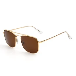 Retro Platz Flieger Sonnenbrille Premium Glas Linse Flach Metall Gläser Damen Herren(Gold/Braun)