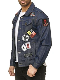 Herren Denim Jeans Jacken Patches Biker Übergangsjacke Destroyed Casual Jeansjacken-M-Dunkel Blau