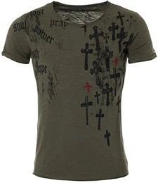 Herren T-Shirt Translation mit Kreuz Print Stick Motiv Vintage Look tiefer Rundhals Ausschnitt taillierte körperbetonte Passform MT00117, Grösse:M;Farbe:Oliv