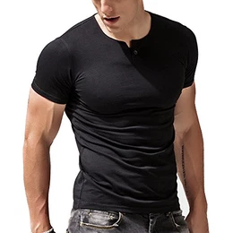 Alivebody Henley Herren-T-Shirt mit Knöpfen, langärmelig, schmale Passform, Baumwolle, Schwarz , M