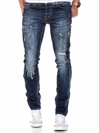 Herren Strech Destroyed Slim Fit Denim Jeans Hose 7500 Dunkelblau W32/L32