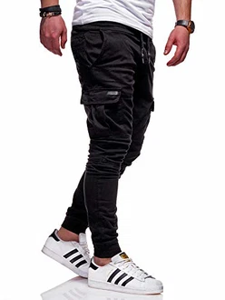 Rello & Reese Herren Cargo Chinohose Jogger Hose JN-3839 Schwarz (JN-3839)