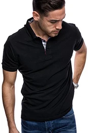 Herren Poloshirt Basic Kariert Kontrast Kurzarm Polohemd T-Shirt 5101 Schwarz M