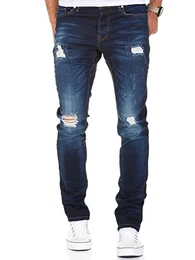 Amaci&Sons Herren Strech Destroyed Slim Fit Denim Jeans Hose 7997 Dunkelblau W32/L32