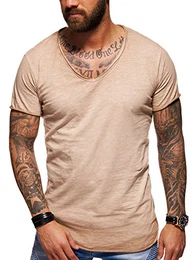. Herren Oversize Kurzarm Basic T-Shirt V-Neck 20-1720 Beige M
