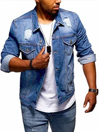 MT Styles Herren Jeansjacke Destroyed Denim-Jacke Vintage C-1009 [Blau, L]