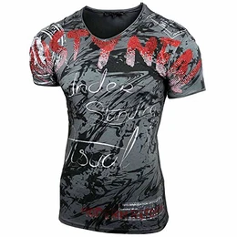 Herren V-Neck Strass Vintage T-Shirt Kurzarm Slim Fit Design Fashion Top Print Strass Shirt 15162, Größe:M, Farbe:Anthrazit