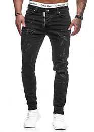 Herren Designer Chino Jeans Hose Basic Stretch Jeanshose Slim Fit W28-W36 Schwarz Risse 5073 W32 L32