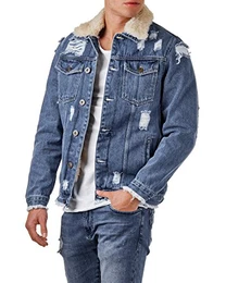 Herren Jeansjacke Destroyed Denim Shearling Jacke Teddyfell BR3600, Größe:M, Farbe:Blue