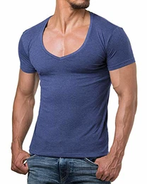 ReRock Young & Rich Herren T-Shirt V-Neck Slim Fit Schwarz Weiß Blau RRTS 1315, Größe:M, Farbe:Blau Melange