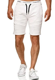 Indicode Herren Ernest Jeans Shorts mit 4 Taschen & elastischem Bund aus 98% Baumwolle Kurze Denim Stretch Hose Used Look Washed Destroyed Regular Fit Freizeithose f. Männer Offwhite M