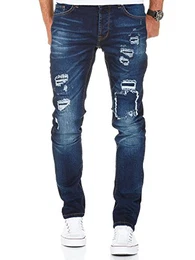 Herren Strech Patchwork Slim Fit Denim Jeans Hose 7996 Dunkelblau W32/L32