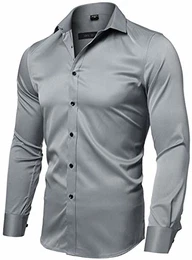 Herren Hemd Aus Bambusfaser umweltfreudlich Elastisch Slim Fit für Freizeit Business Hochzeit Reine Farbe Hemd Langarm Herren-Hemd, Gr.L (Etikette 42), Grau