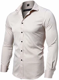 Herren Hemd Aus Bambusfaser umweltfreudlich Elastisch Slim Fit für Freizeit Business Hochzeit Reine Farbe Hemd Langarm Herren-Hemd, Gr.M (Etikette 41), Beige