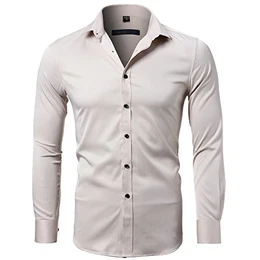 Herren Hemd Langarm Slim Fit Bambusfaser Basic Retro Für Business Hochzeit Freizeit Casual Bügelleicht/Bügelfrei,Beige,Medium