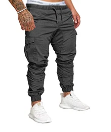 Herren Elastische Taille Gürtel Baumwolle Jogging Sweat Hosen Plus Size Mode Lange Sports Cargo Hosen Shorts mit Taschen Joggers Activewear Hosen, Dark Grey, L