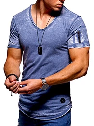 Herren Oversize T-Shirt MA-1 V-Neck O-213 [Blau, M]