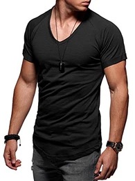 Herren Oversize T-Shirt V-Neck Kurzarm Shirt O-217 [Schwarz, M]