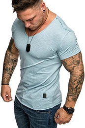 Oversize Herren Vintage T-Shirt V-Neck Basic V-Ausschnitt Shirt 6007 Türkis S