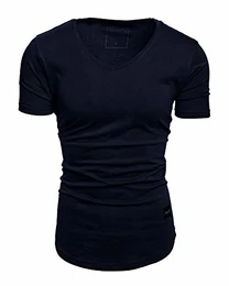 Oversize Herren Slim-Fit V-Neck Basic Sommer T-Shirt V-Ausschnitt R-0004 Navyblau M