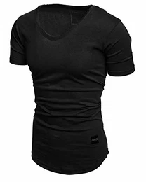 Oversize Herren Slim-Fit V-Neck Basic Sommer T-Shirt V-Ausschnitt R-0004 Schwarz M