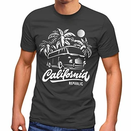 Herren T-Shirt California Surf Retro Bus Abenteuer Urlaub Palmen Slim Fit dunkelgrau M