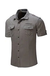 Herren Gefesselt Ärmel Button - Down - Militärischen Blusen Top Hemd mit Taschen Grau M