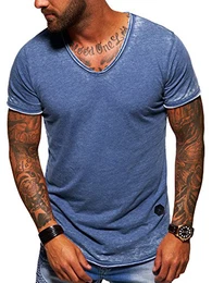 . Herren Oversize Kurzarm T-Shirt V-Neck Vintage Shirt 20-1760 Blau M