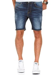 Herren Basic Jeans Shorts Kurze Denim Bermuda Krempel Stretch Hose Regular Fit 7992 Dunkelblau W32