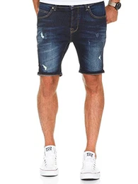 Herren Destroyed Jeans Shorts Kurze Denim Bermuda Krempel Stretch Hose 7990 Dunkelblau W32