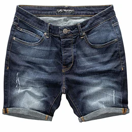 Herren Destroyed Jeans Shorts Kurze Denim Bermuda Krempel Stretch Hose Regular Fit 7991 Dunkelblau W30